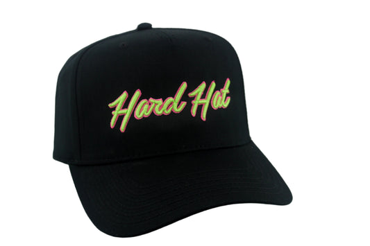 Black cap with 'Hard Hat' text in Green & Pink on a white background